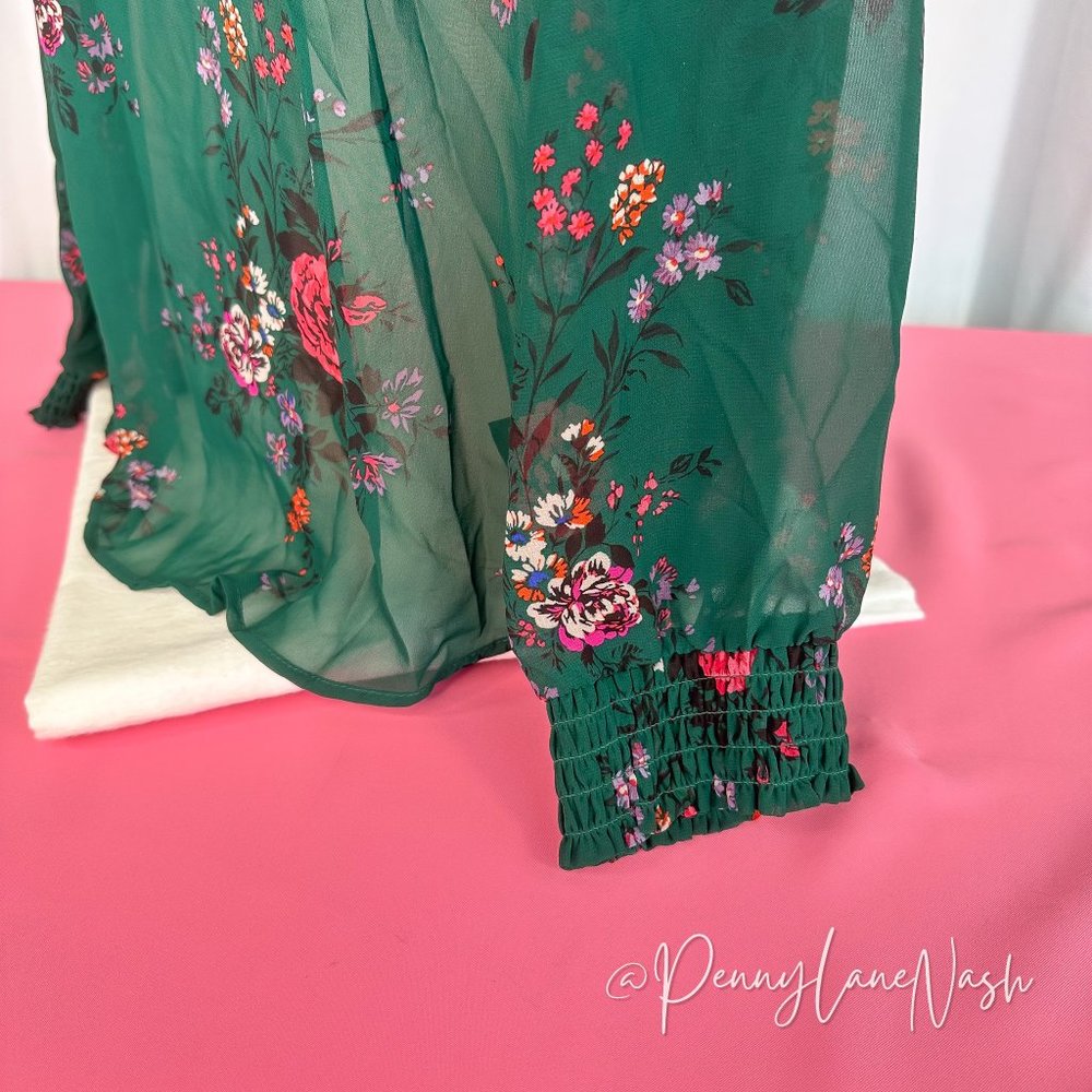 Torrid Chiffon Smocked Mock Neck Floral Blouse Top Green - Picture 11 of 11